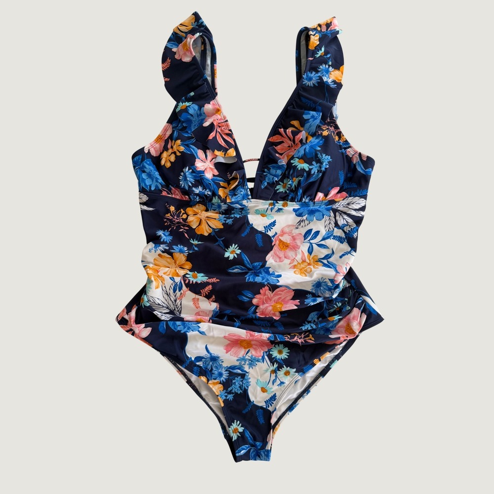 Cupshe Women's Floral Ruffle V-Neck One Piece Swimsuit Navy Blue Size XL NWT